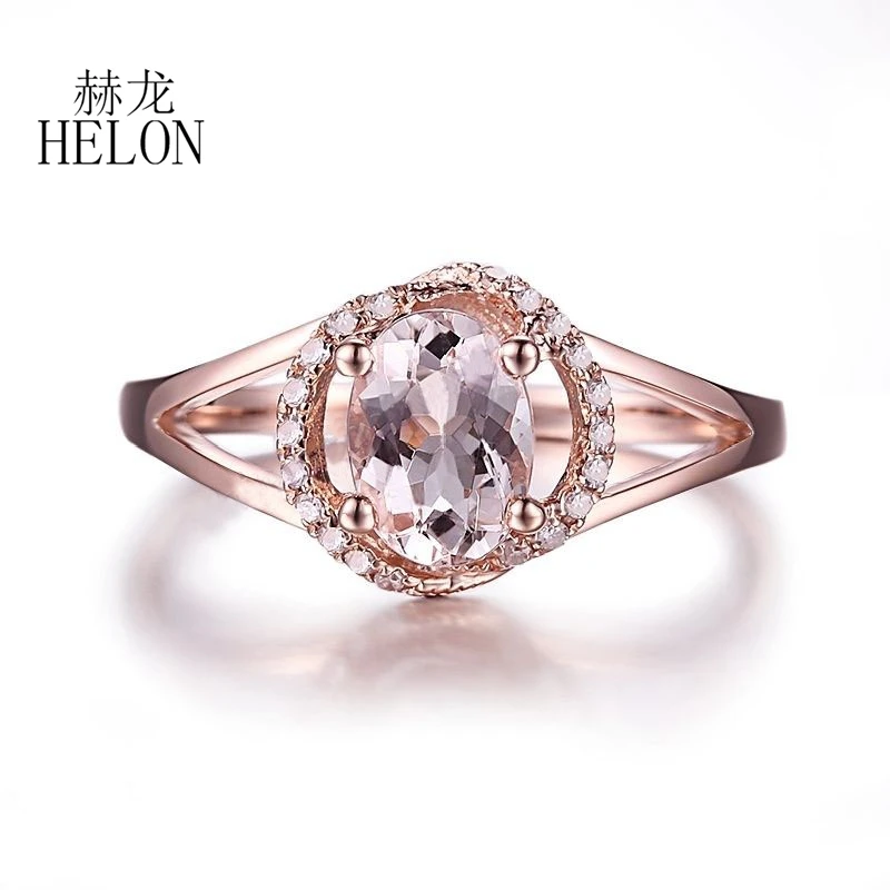 HELON Solid 14k Rose Gold Oval 7x5mm Natural Morganite Diamond Engagement Ring Women Wedding Anniversary Gemstone Jewelry