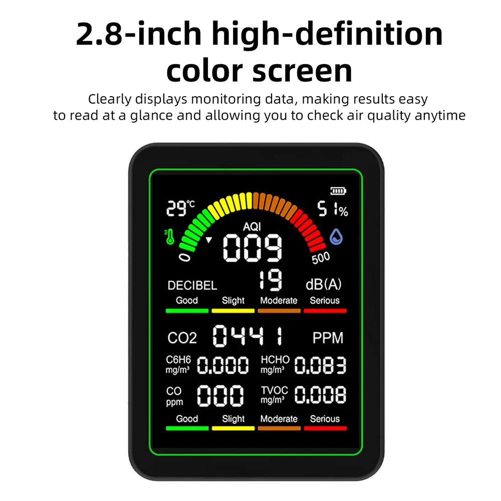 9 In 1 Air Quality Monitor With Color Display For Formaldehyde TVOC Temperature Humidity CO2 Detector 3.7V Type C