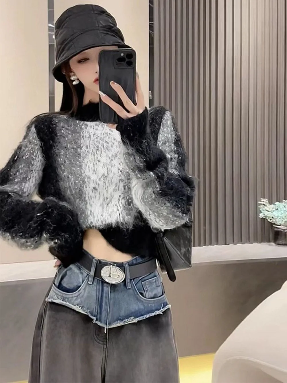 2025 New Winter Gradient O Neck Jumper Short Knit Korea Fashion Pullovers All-match Slim Warm Thicked Trendy Moda Knitted