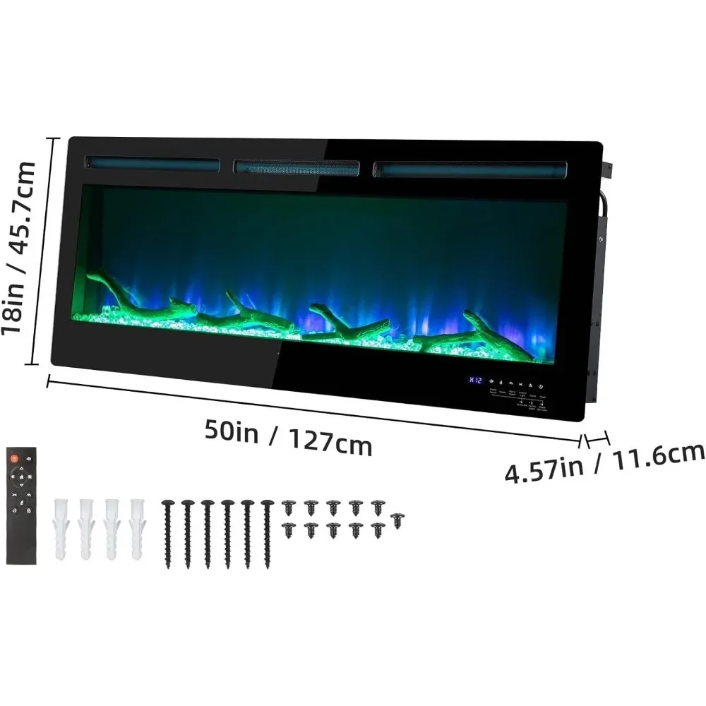 Recesso e montado na parede lareira elétrica, cores chama ajustáveis e velocidade, controle remoto e temporizador, lareira preta, 50 em
