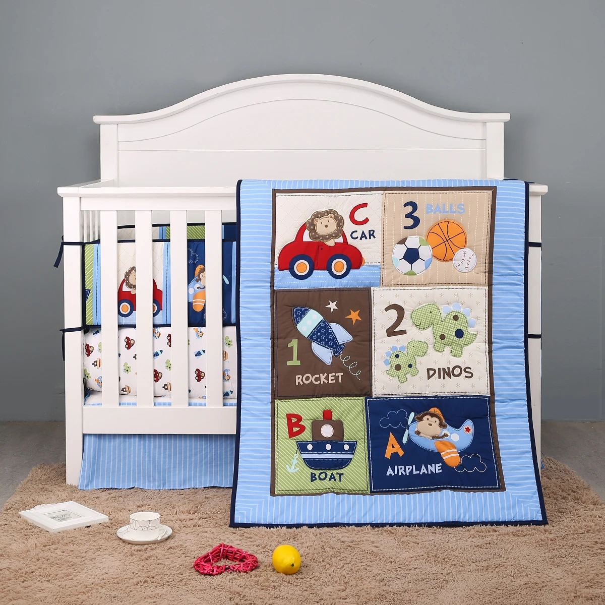 

7Pcs Sport Crib Sets for Boys luxury Baby Nursery Baby Crib Bedding Set for Boys (4Bumper Crib Sheet Comforter Crib Skirt)