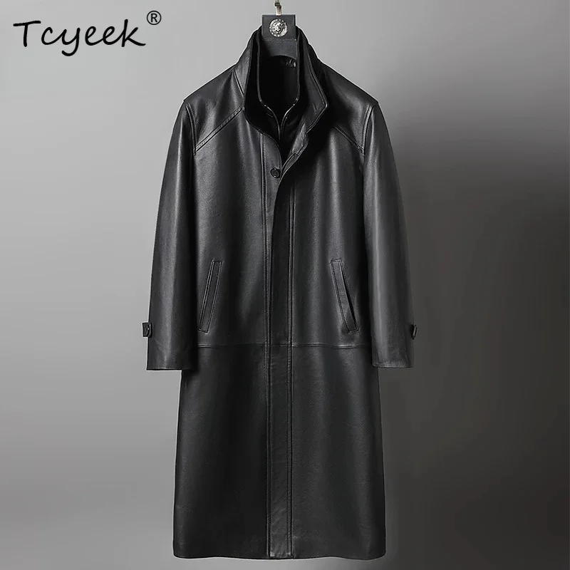 Tcyeek Natural Cowhide Real Leather Man Jackets Trench Coat for Men Clothes Long Over Knee Autumn Winter Coats Casual Trendy