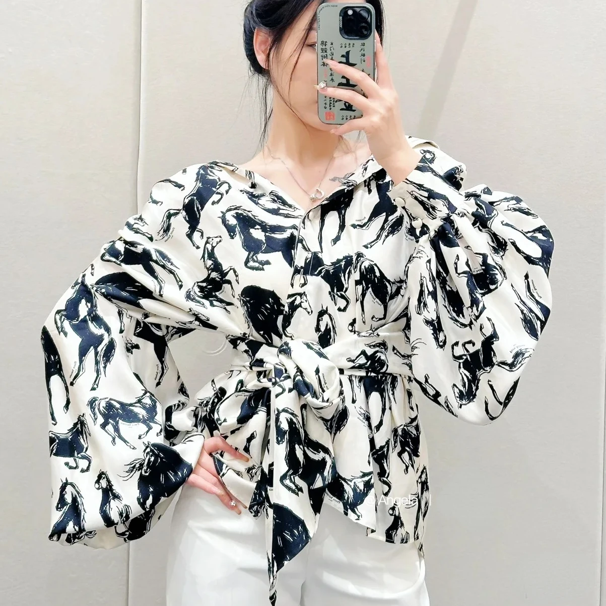 Women's Shirts, High Quality 100% Silk Shirts, Horse Print Shirts French Ribbon Silk Tops Luxury Women's Early Spring New Styles