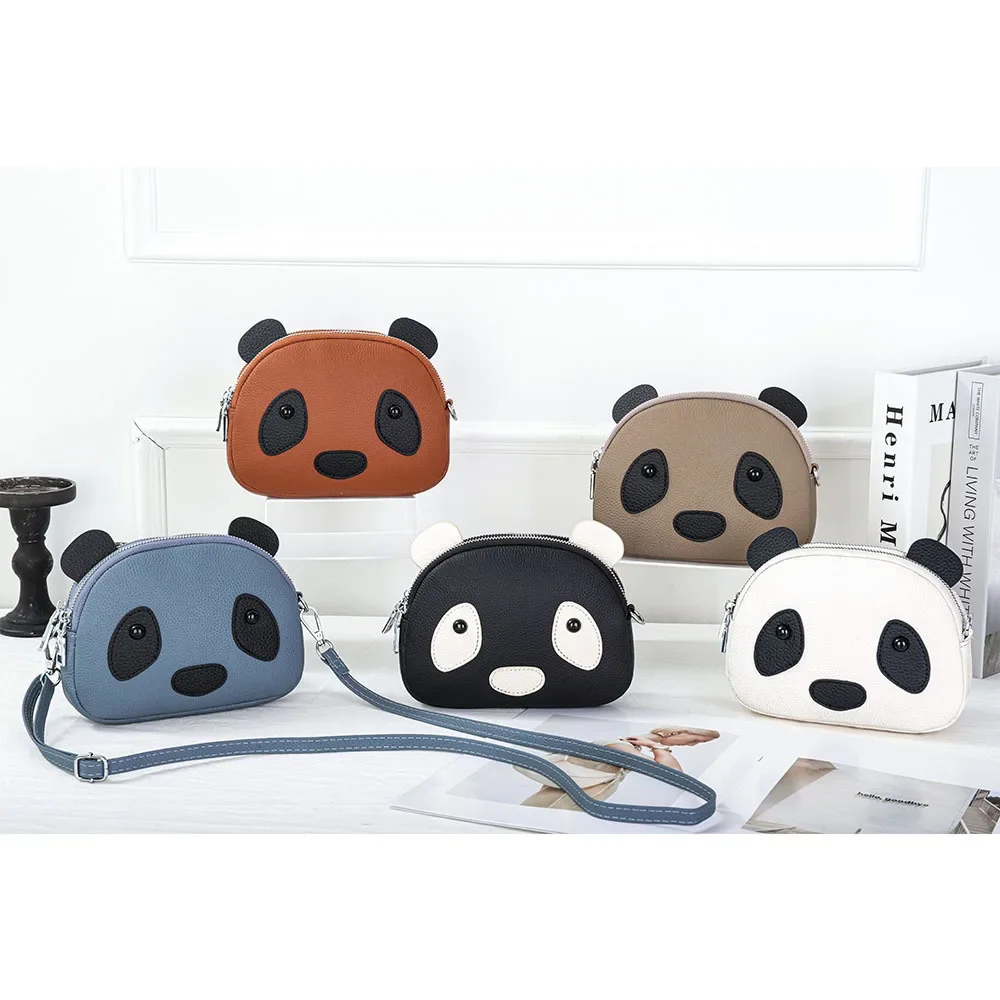 Cowhide cartoon cute giant panda crossbody wallet storage women's shoulder bag leather women's mobile phone wallet