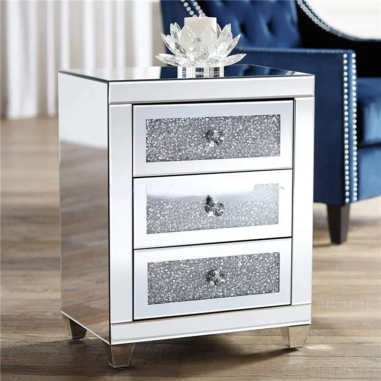 high quality modern light luxury silver bedside cabinet bedroom custom furniture diamond mirror side table