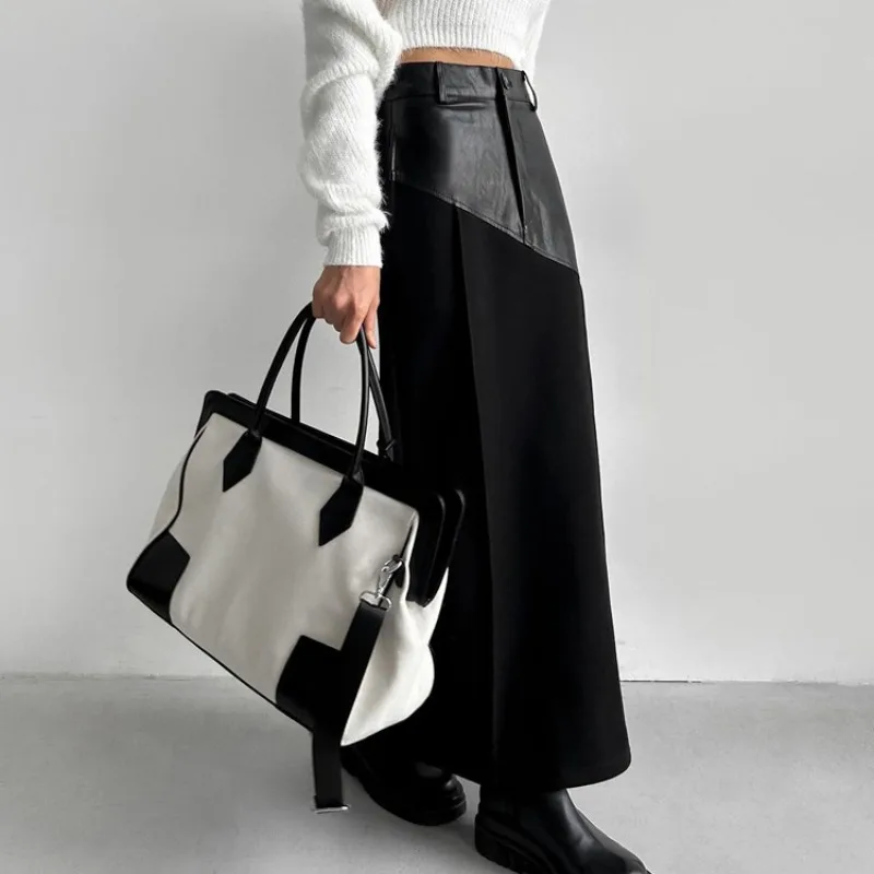

PU Leather Splicing Design Half-length Skirt Femininity Versatile High Waist Split Hip Skirt