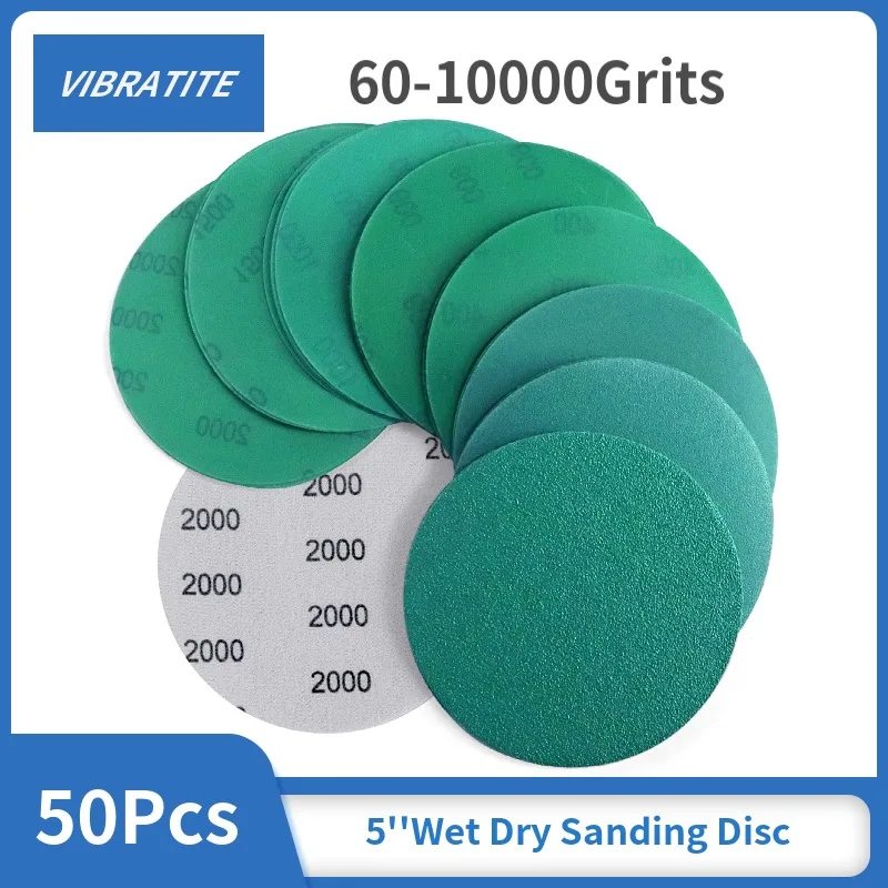 50 Pack 5 Inch Sanding Disc Assorted 180-2000 Grit Hook and Loop Polyester Film 125mm Sandpaper Wet Dry Sheets Abrasive Tools