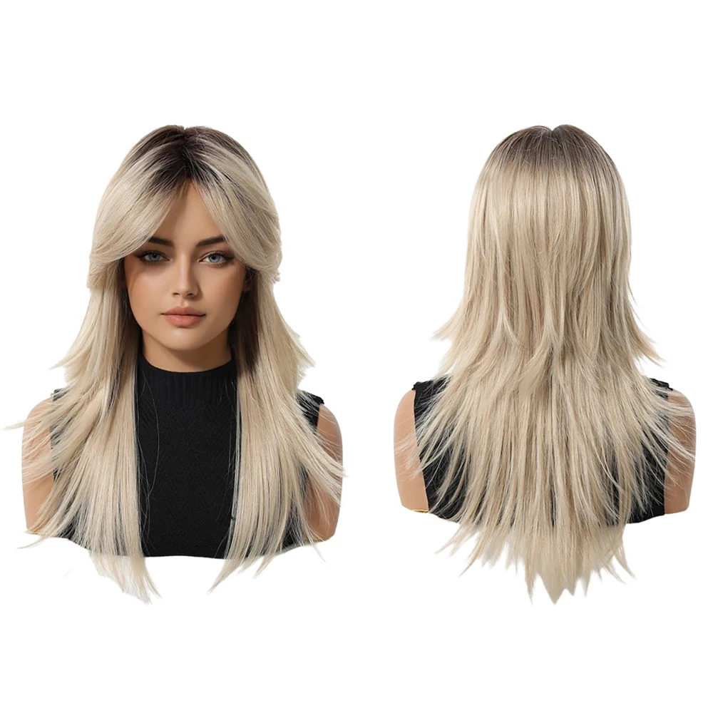 Ombre Platinum Blonde Layered Wolf Cut Wig With Curtain Bangs Medium Long Straight Synthetic Hair For Women Daily Party Cosplay
