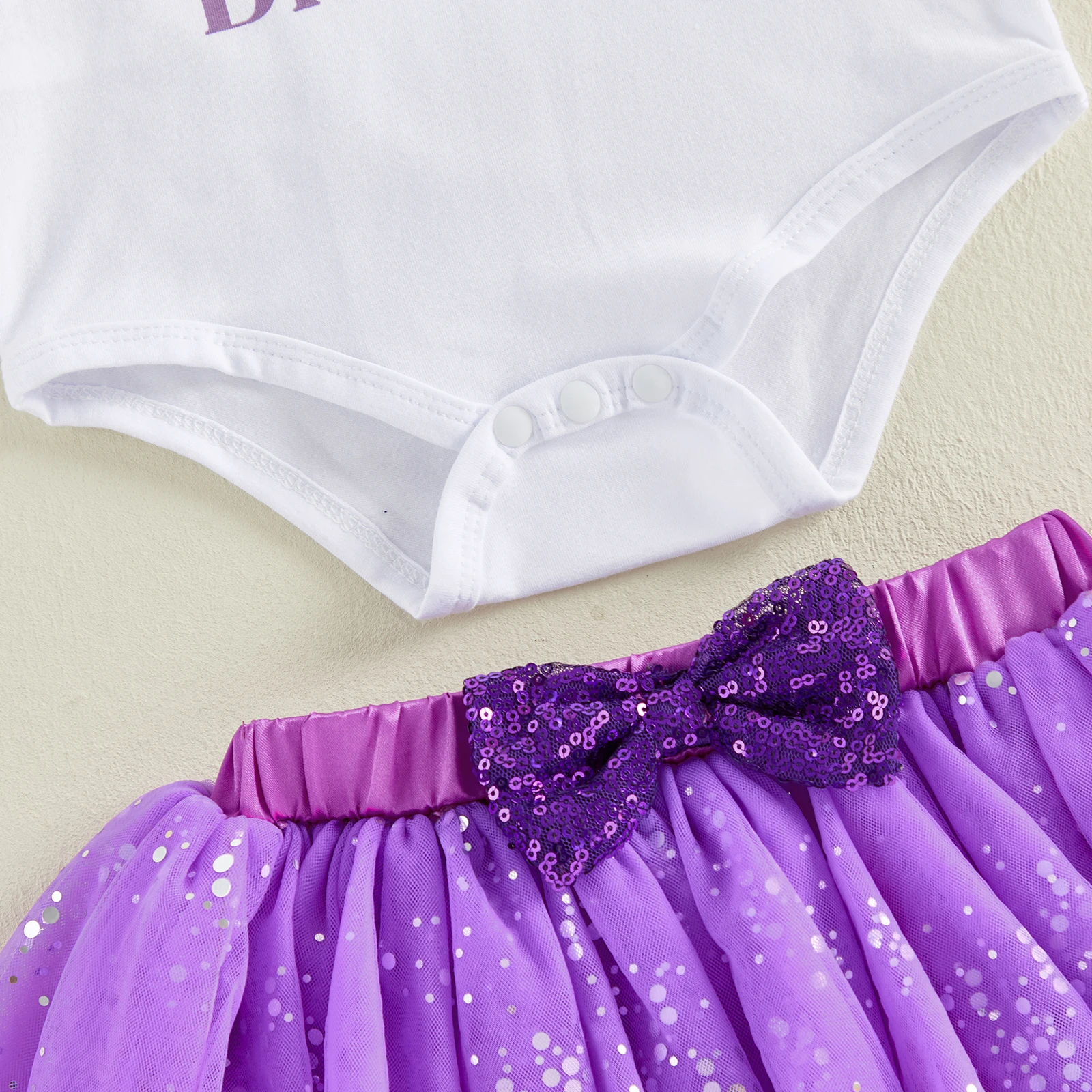 

Baby Girls Birthday Outfit Summer Shell Print Short Sleeves Rompers and Sequin Tulle Skirt Headband Cute Clothes Set