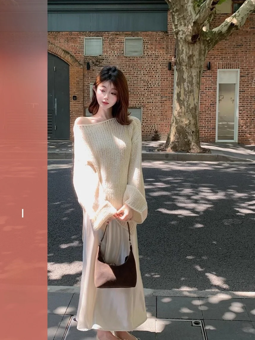 

Женский вязаный свитер с открытыми плечами и длинными рукавами, свободного кроя, удобный, с воротником на одну пуговицу, осенняя мода от HUANG ZUO ZUO