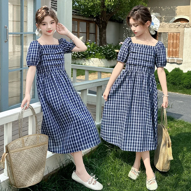 2025 New Checkered Children's Dress Summer Girls' Campus Style Long Dress Simple Baby Princess Dress Festival Performance Skirt