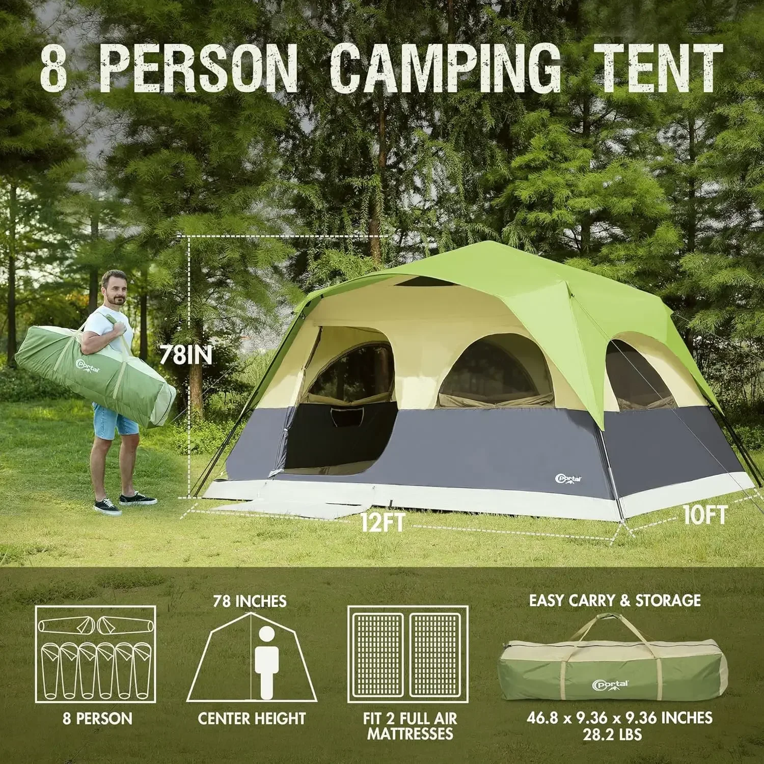 PORTAL 8 Person Instant Tent for Camping, Large Water Resistant Cabin Family Tent Easy Setup with 5 Large Mesh Windows, Rainfly,