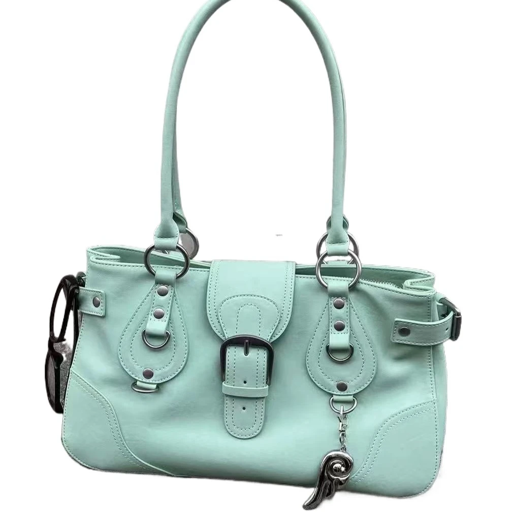 Korean Y2k Retro Pu Leather Large Capacity Handbag Mint Green Underarm Shoulder Bag Lipstick Wallet Storage Bags Woman Bag