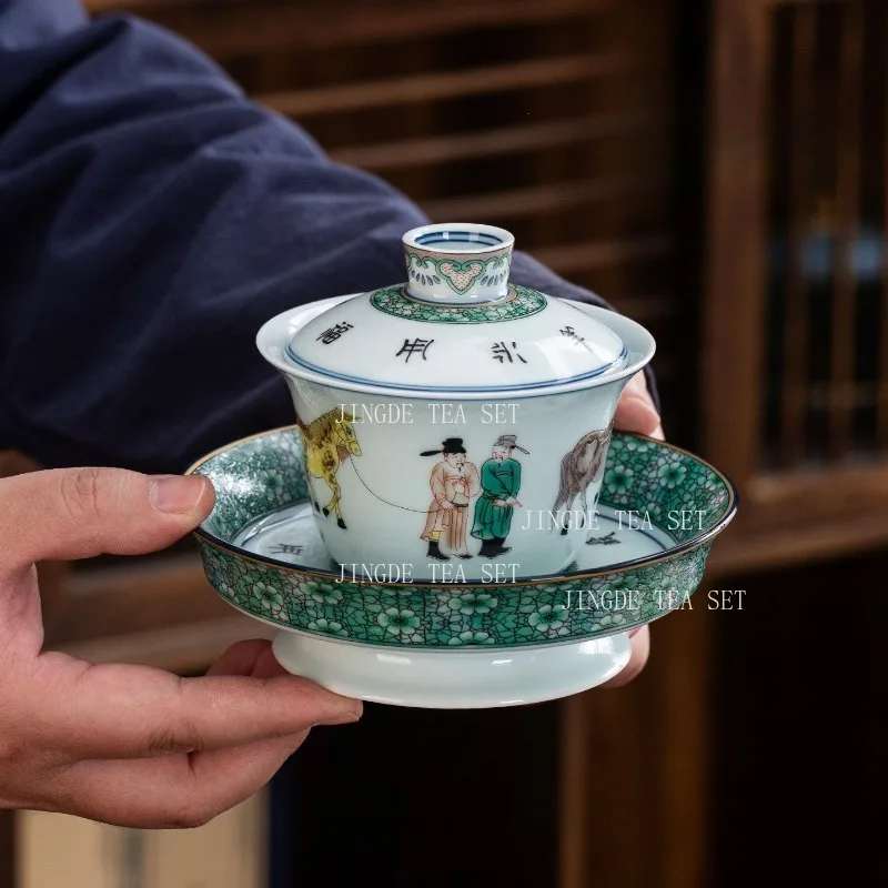170ml Jingdezhen Porcelain Gaiwan Underglaze Color Character Horse Pattern Sancai Tureen Chinese Kung Fu Tea Cup Accessory
