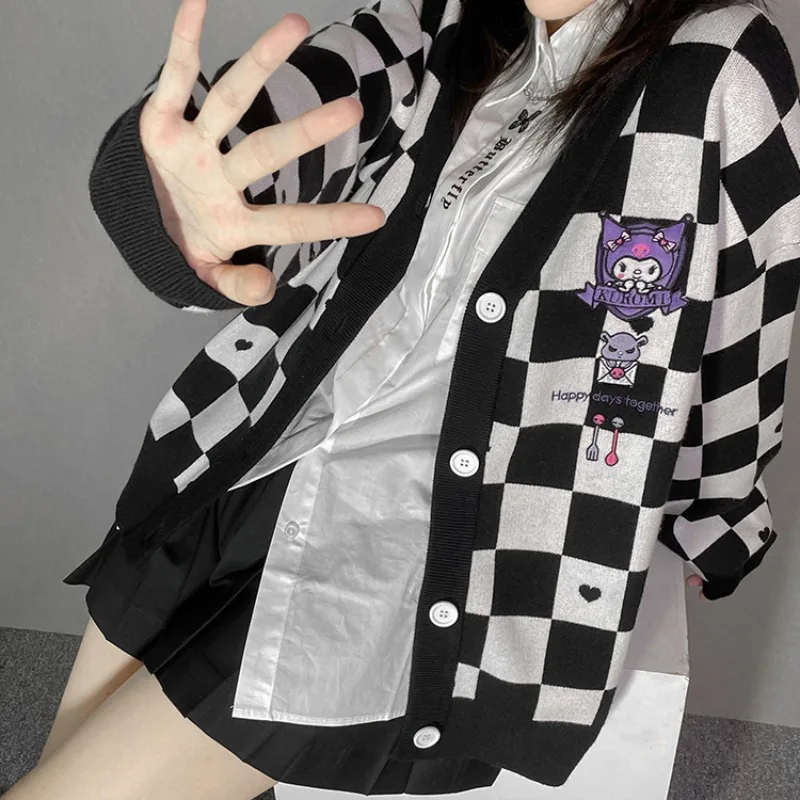 

Uniform Checkerboard Sweater Cardigan Cinnamoroll Embroidered College Ins Style Autumn Winter Loose Sweet Top Wear To Outside