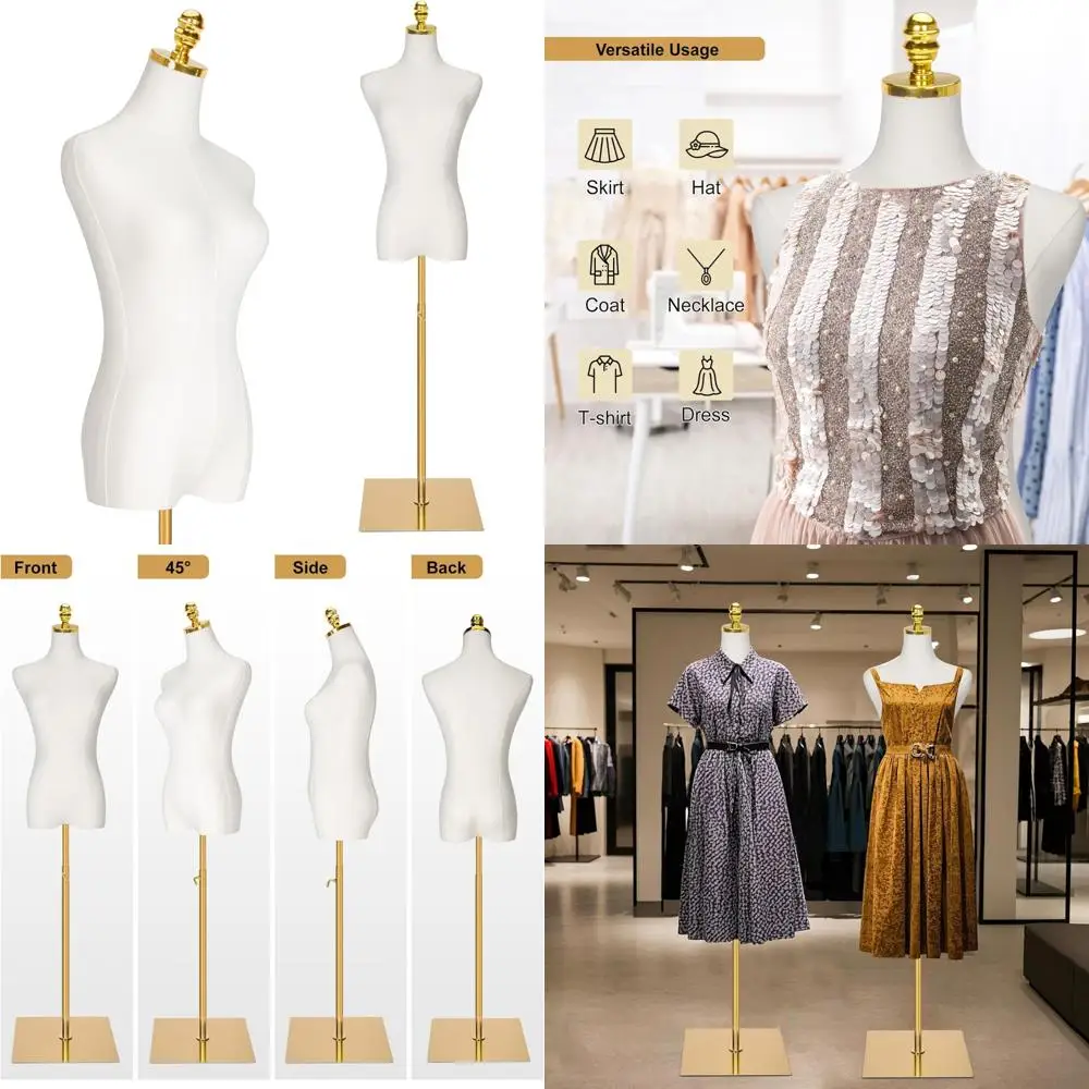 

Adjustable Height Female Mannequin Torso with Metal Base, 40-73 Inch, Gold Finish, Dress Form for Display