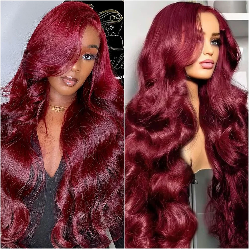 

40-дюймовый парик из натуральных волос с кружевной передней частью 13x6 HD 99J, бордовый, с эффектом Body Wave, прозрачный кружевной фронт 13x4, предварительно выщипанный, бразильский