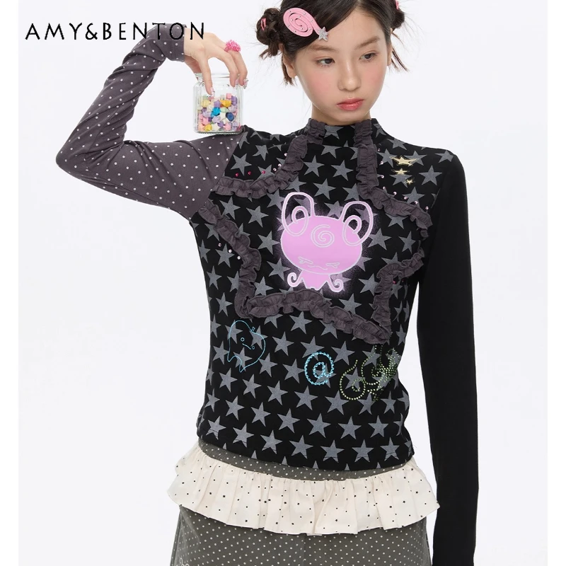 

Vintage Design Black Full Print Sweet Cool Star Long Sleeve Women's Top Autumn New Animal Print Splicing Top T-Shirts Ladies