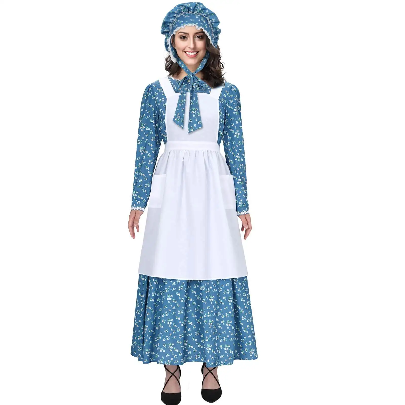 Adult Colonial Pioneer Girl Fancy Dress Hat Apron Women Village Farm Prairie Maiden Maid Halloween Cosplay Costumes  5 Colors