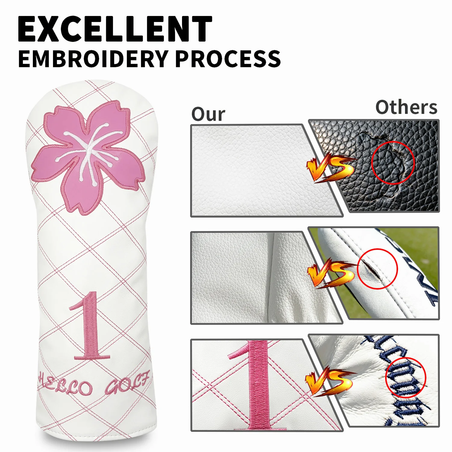Golf Club Head Covers PU Leather Soft And Durable Protector Cover For Driver Fairway Hybrid  Cover Embroidery Sakura Pattern image 4
