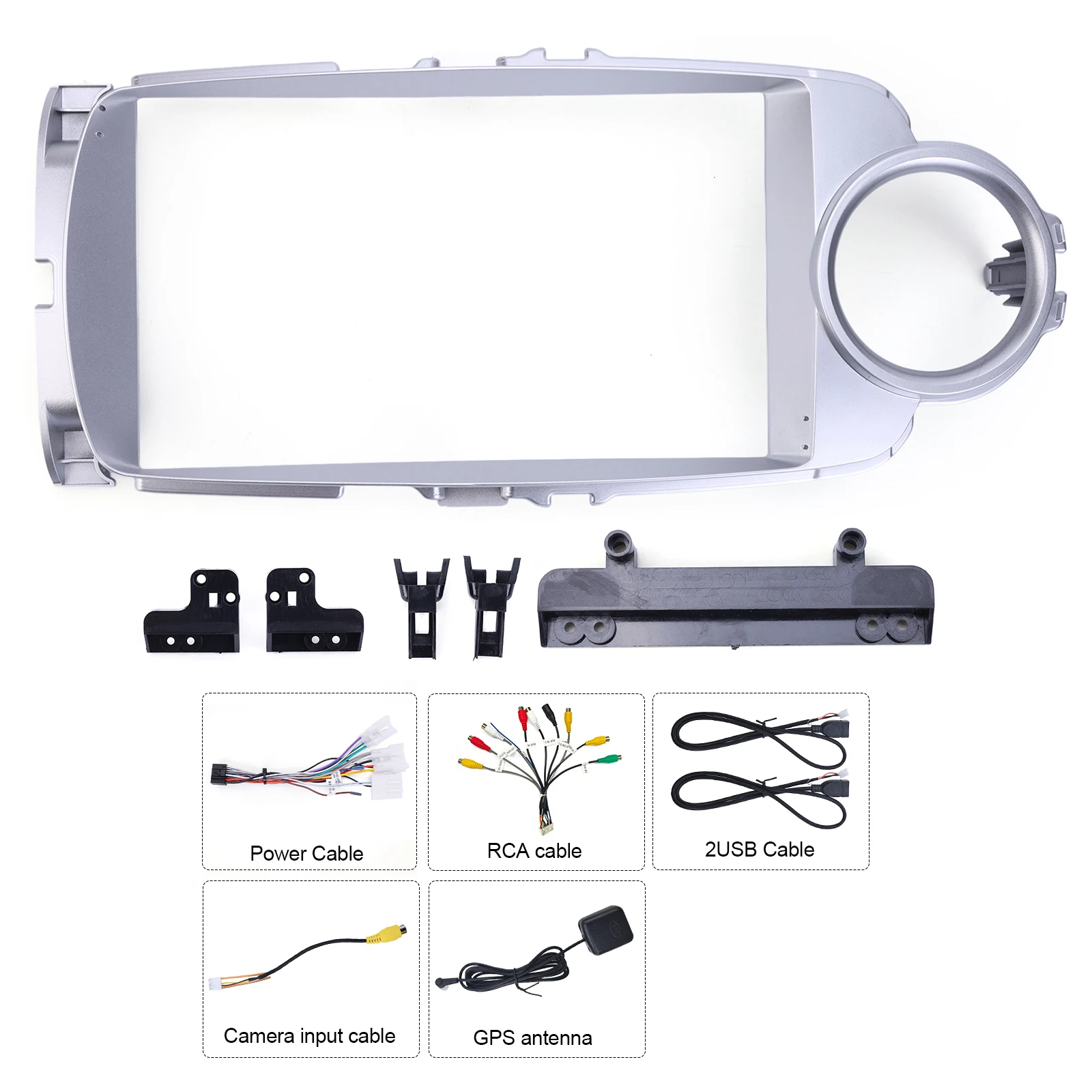 

Automobile Mainframe Frame Line For Toyota Yaris 2012-2017 9in Silver Bezel + Power Cable RCA Cable Car Audio Four-Piece Set