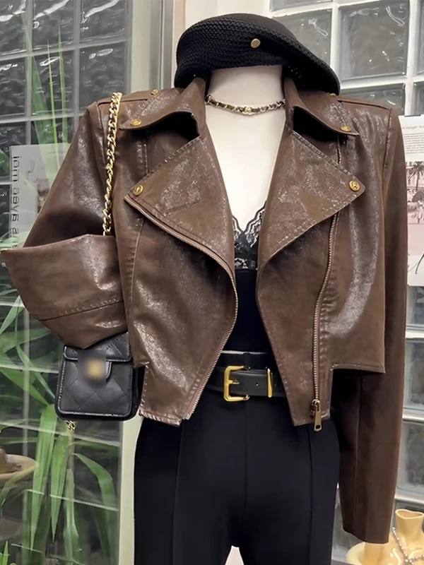 

Cé Brown ort Leather Jaet Women's 2026 Spring New Sle Motorcycle Jaet Top Zipper Loose Fit Long Sve Busin Collar
