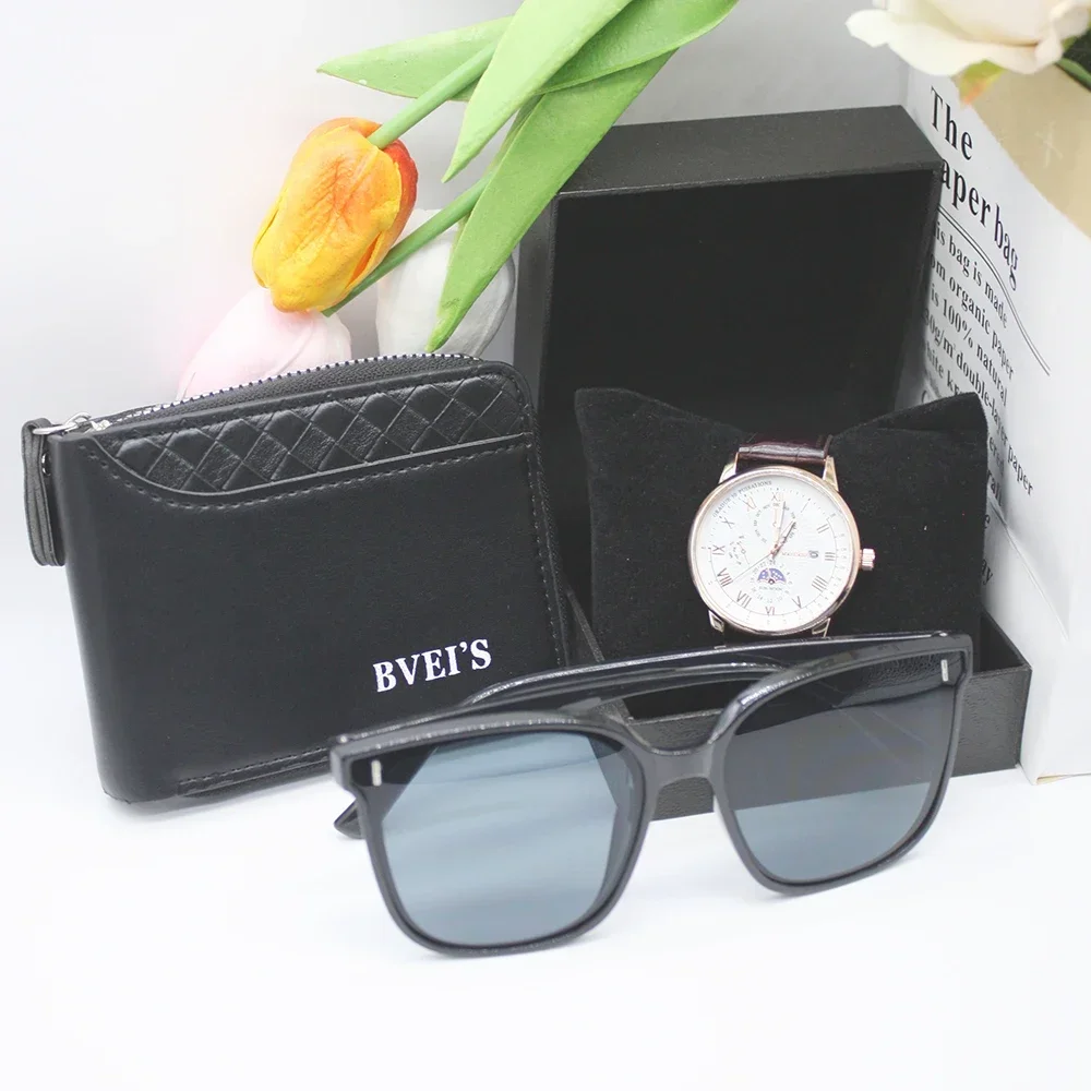 3pcs Set Man Watch Wallets Eye Glasses Portable High Quality Fashion Waterproof Quartz Wrist Watches for Outdoor Sports