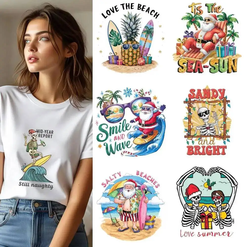 25CM Christmas Summer Holiday Beach Snowman Heat Transfer Patches For Clothes DIY A-Level Washable Shirt Iron-on Thermal Sticker