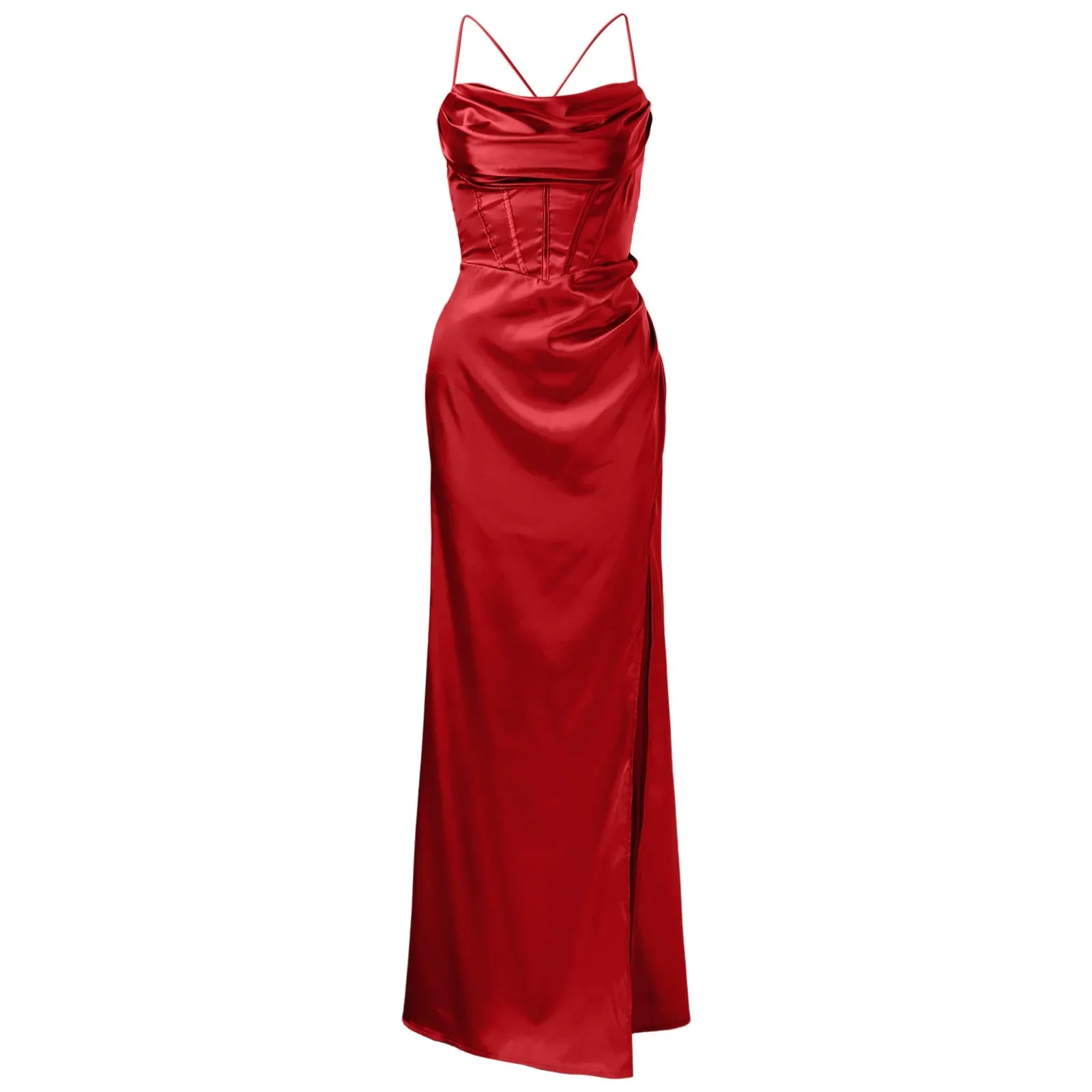 Robe corset en satin à bretelles spaghetti pour femmes, robes de soirée, arête de poisson éducative, push-up, élégante, batterie, longue robe de soirée