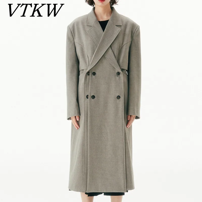 

VTKW Women's Spring 2025 Beige Double-Breasted Long Trench Coat Loose Lapel Collar Belted Waist Long Sleeve Mid-Length