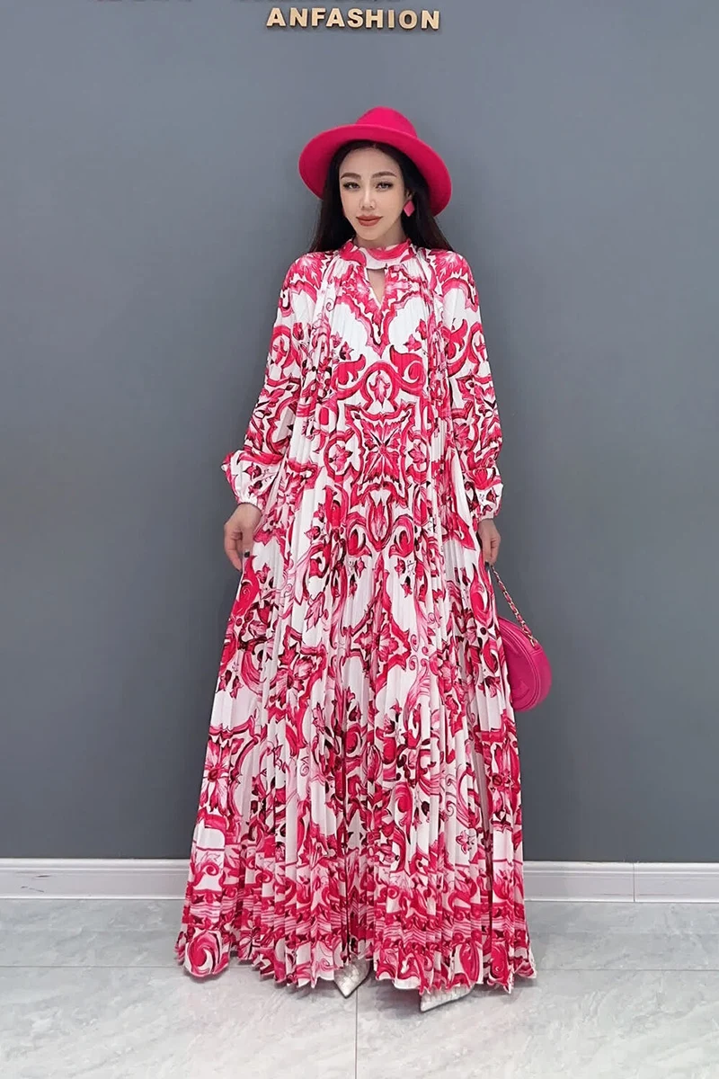 Vefadisa Red 2024 Autumn New Pleated Dress O-Neck Long Sleeve Printed Dress Loose Fashion Elegant Temperament Dress ZXY585AF1