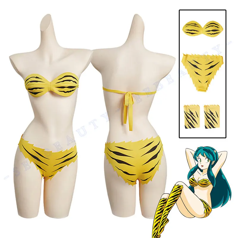 Anime Urusei Yatsura 2022 Lum Invader Cosplay Costume Wig Tiger-striped Bikini Swimsuit Swimwear Leggings Women Ataru Moroboshi