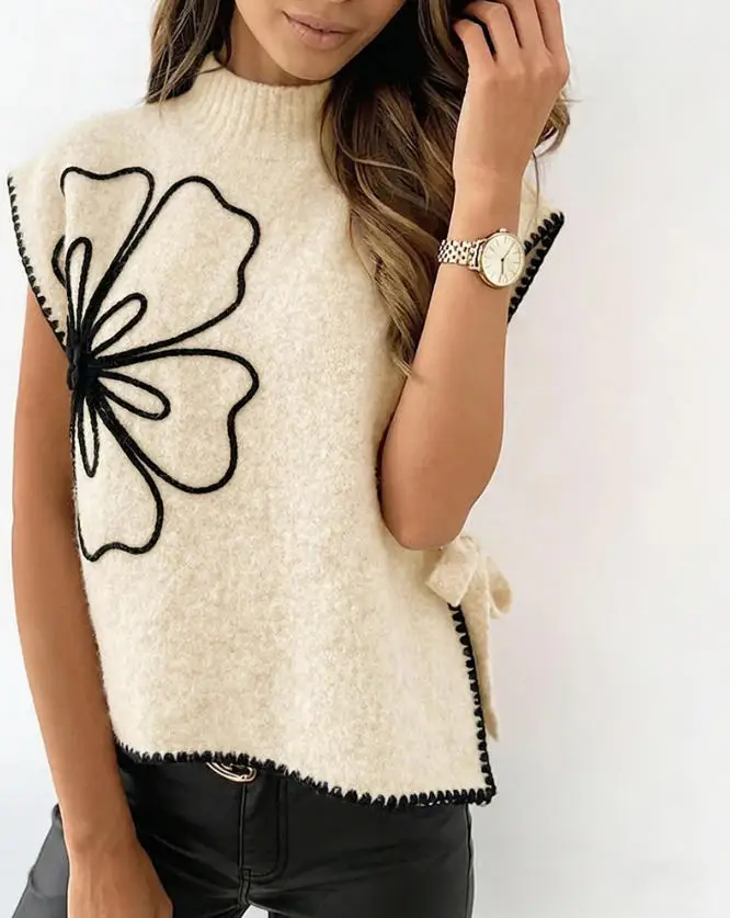 

Women's Vest Summer New Fashion Style Contrasting Color Decal Design Stand Up Collar Loose Sleeveless Knitted Sweater Vest