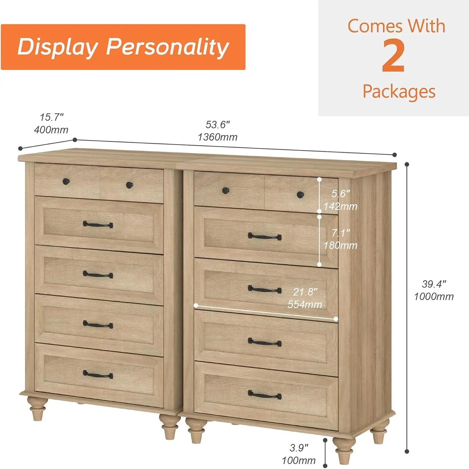 Wampat Wide Dresser For Bedroom With 10 Drawers, Farmhouse Chest Of Drawers With Solid Wood Legs, Tall Dresser Set Storage