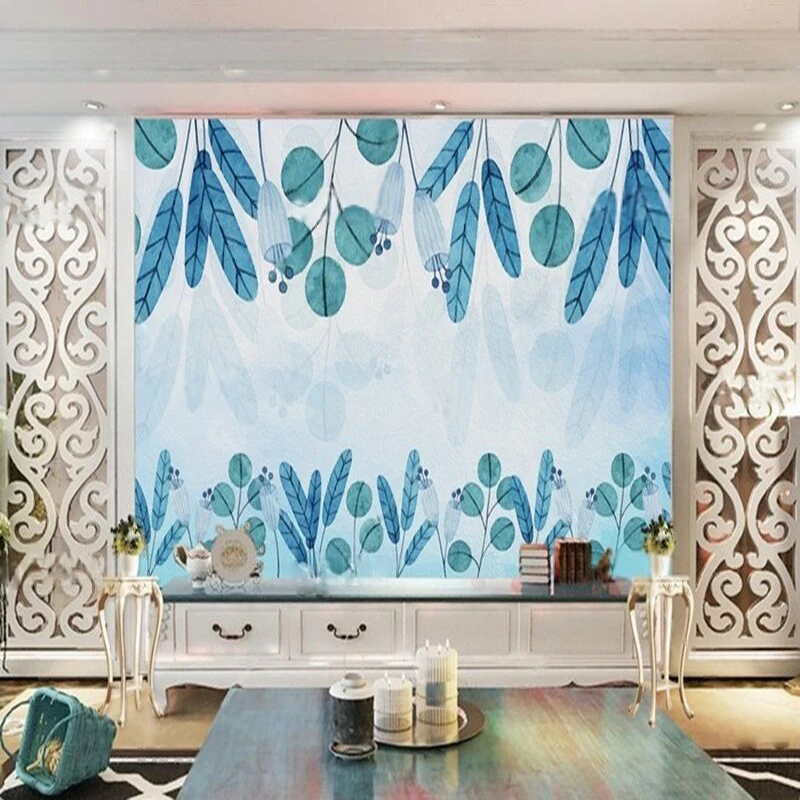 Nordic Minimalist Fresh Beautiful Blue Leaf Watercolor Style Cactus Wall Sticker Decoration For Entertainment Area Background