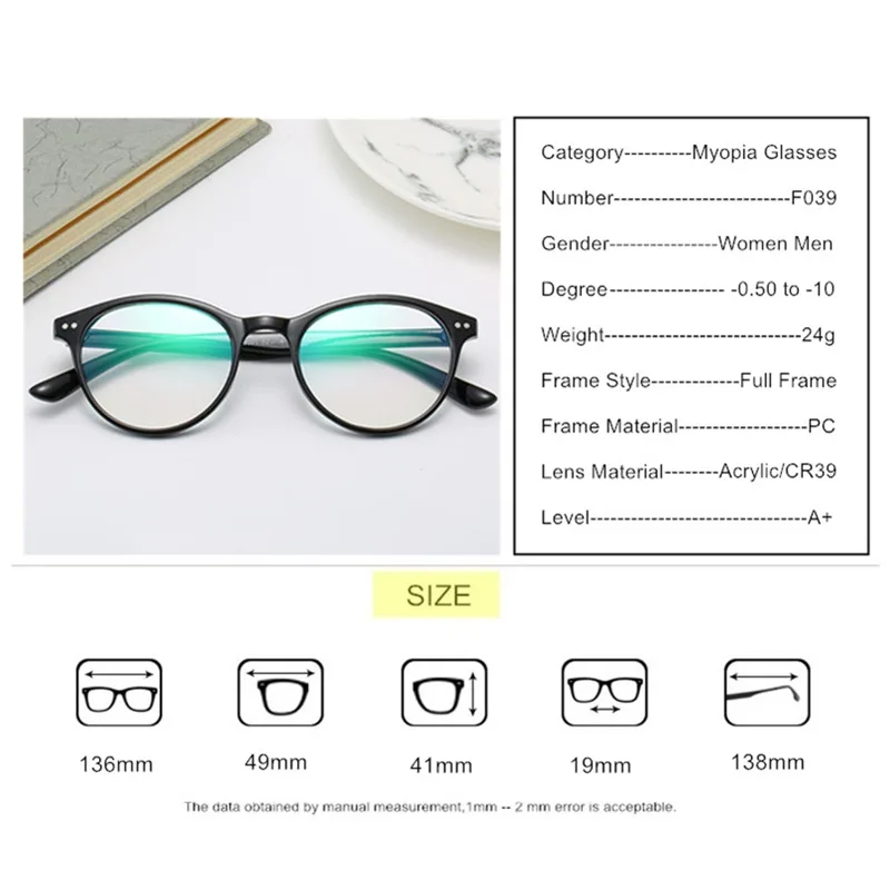 Photochromic Or Blue Light Blocking lenses Myopia Glasses -0.5 To -10 Women Men Prescription Spectacles For Nearsighted F039