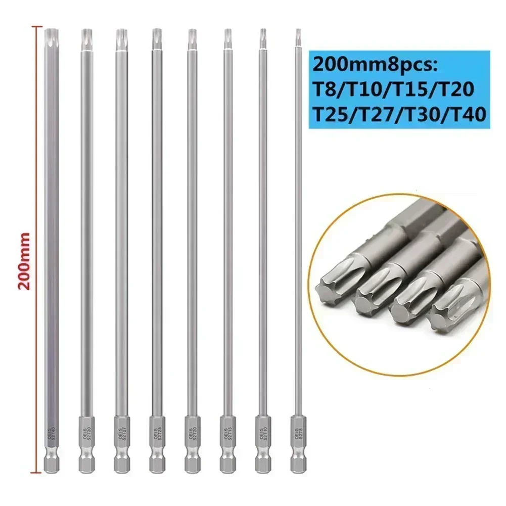 

8 шт., 200 мм, шестигранная ручка, отвертка Torxs, биты для крестовой отвертки, стальная магнитная крестовая головка, электрическая отвертка