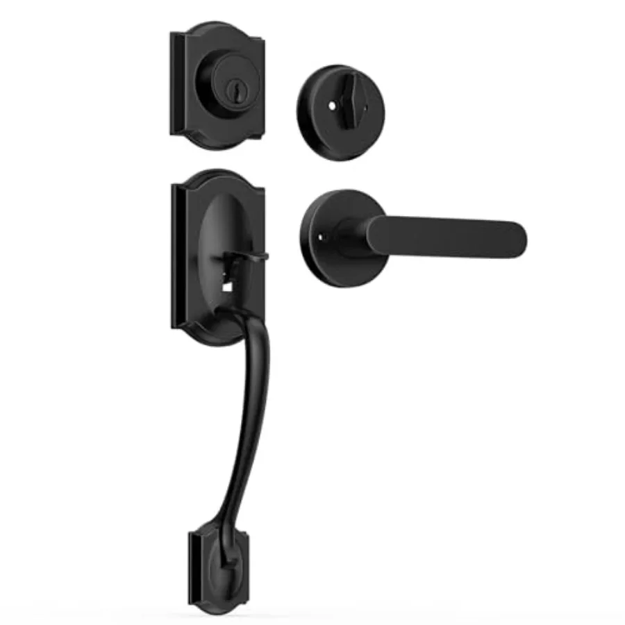 

Black Front Door Handle and Single Cylinder Deadbolt Set, Front Door Lock Set with Reversible Lever, Adjustable Bottom, Entry/E