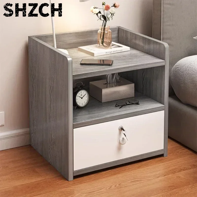 Bedside Table Simple Modern Nordic with Lock Drawer Storage Nightstand Sideboard Multi-Layer Bedroom Storage Cabinet Furniture