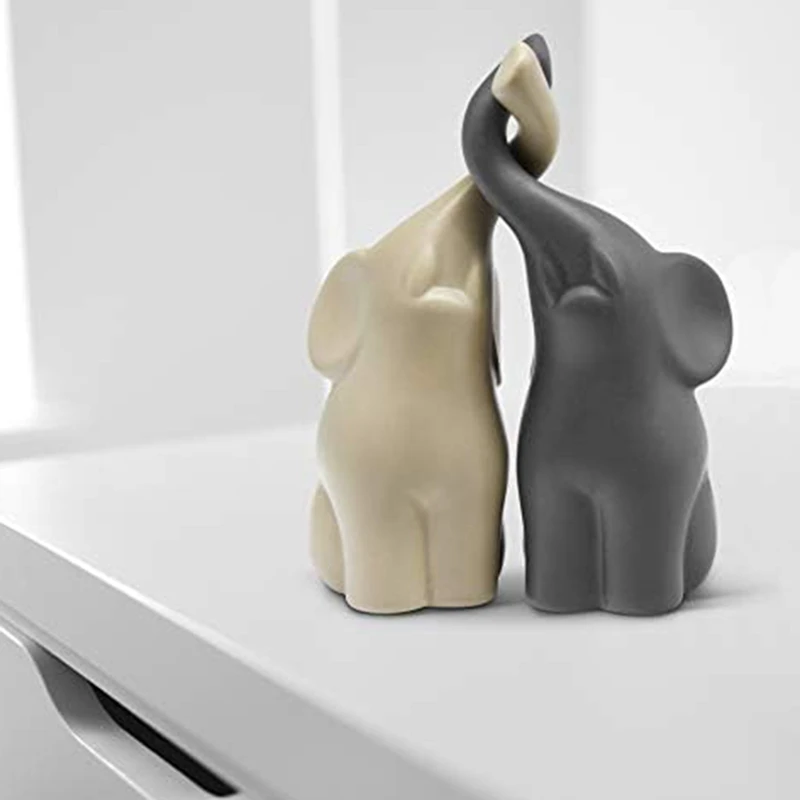 Loving Pair Of Elephants In Beige & Grey Modern Ceramic Sculpture Figurine As A Set Decoration Figure - Ornament