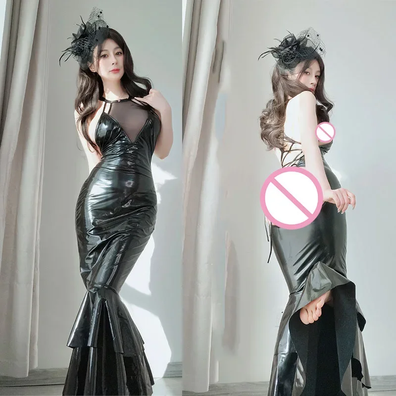 Succubus Cosplay Costumes Women Sexy Black Patent Leather Fishtail Dress Erotic Lingerie Nightdress Halloween Carnival Clothes