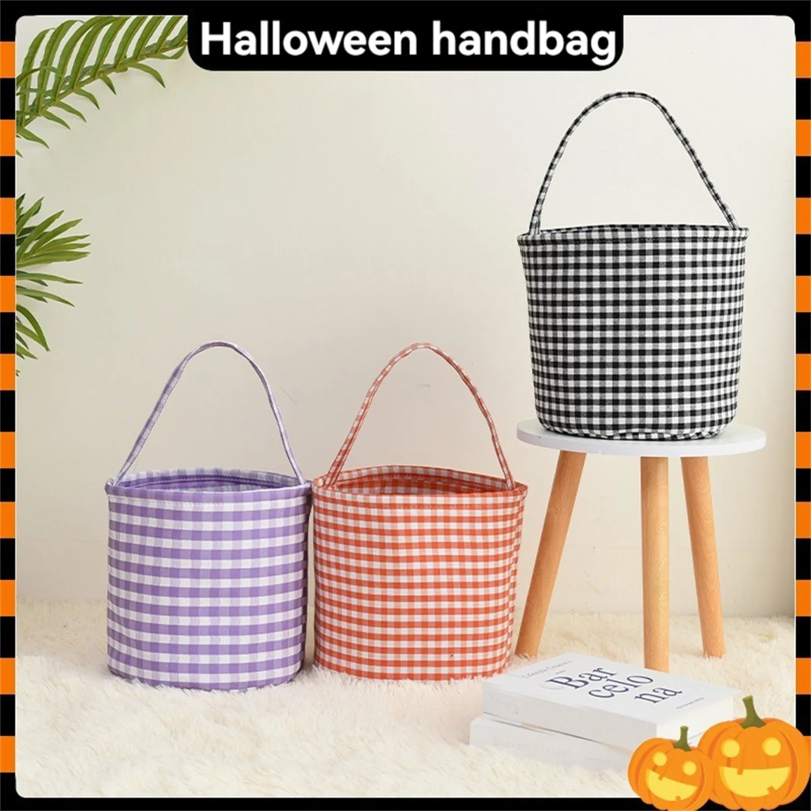 

Halloween Gingham Tote Basket Kids Candy Gift Bucket Canvas Candy Bag Cloth Bag Halloween Decoration Gifts