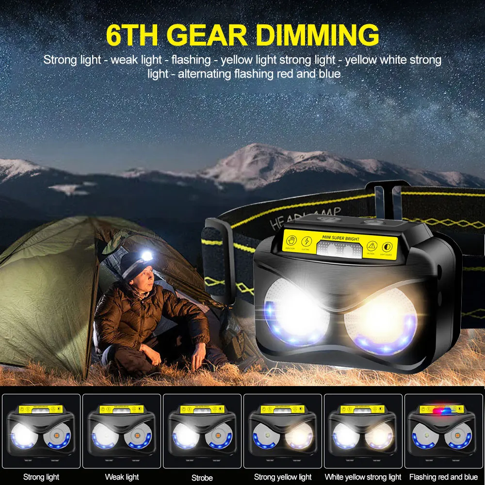 Multifunction Sensor Headlight LED Head Light USB Rechargeable Headlamp Head Torch Flashlight Waterproof for Camping Hiking