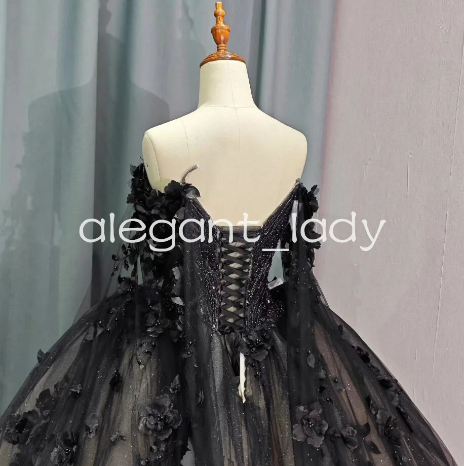 Black Gothic Princess Quinceanera Dresses with Cape Wrap 3D Floral Gillter Skirt Off Shoulder Corset vestido de 15 anos
