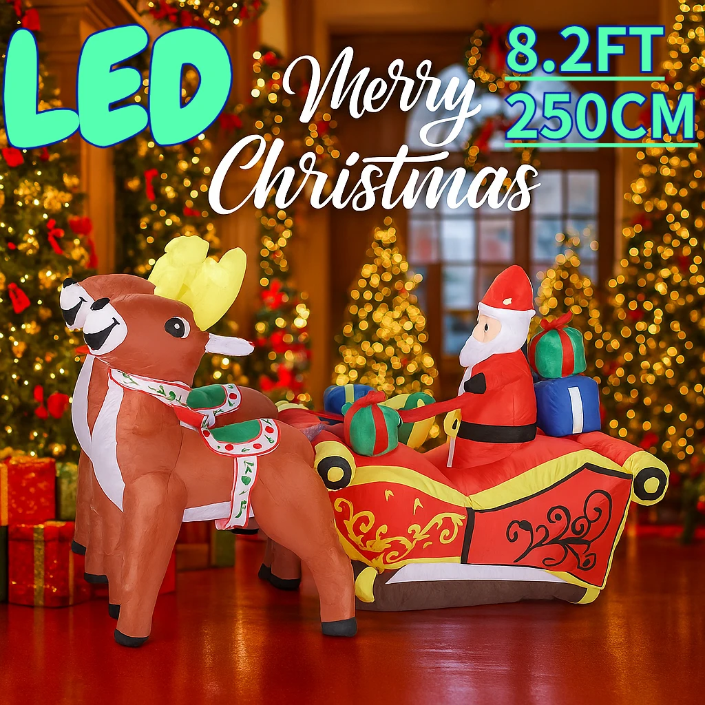 8.2FT LED مضاءة ألعاب قابلة للنفخ سانتا مزلقة الرنة شنطة هدايا عيد الميلاد ساحة الحديقة الطرف الديكور عيد الميلاد لوازم المنزل حلية