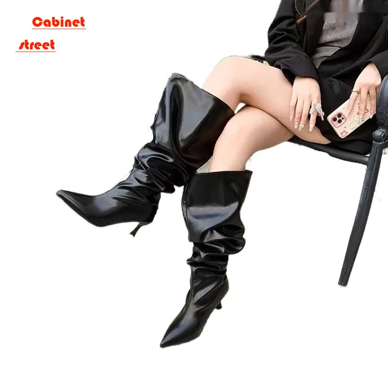 

2024 Autumn and Winter New Wide Girth Women's Boots High Heel Barrel Pointed Thin Heel Over the Knee Long Women Show Thin Shoes