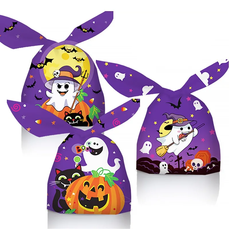 Embalaje de plástico con orejas de conejo para niños, bolsas de dulces con calavera de Halloween, calabaza, truco o trato, bolsa de regalo para