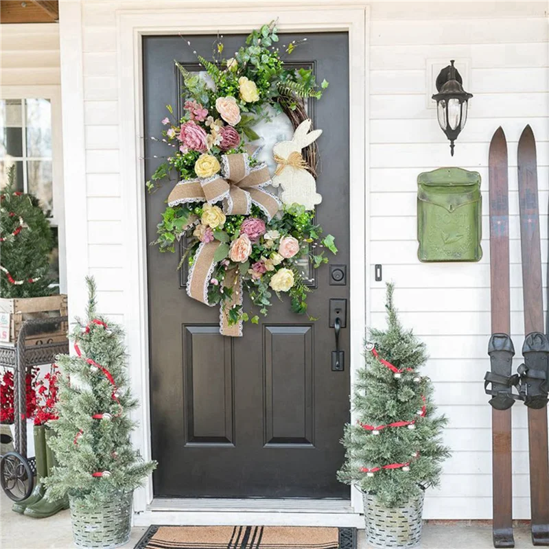

SEWS-2X Easter Front Door Wreath For Front Door,Easter Bunny Butt Shape Garland Wall Decor Spring Wreath Decoration