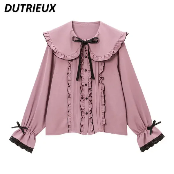 Ruffled Lace Long Sleeve Shirt Female 2023 New Spring Autumn Women\'s Top Solid Color Fashion Japanese Style Elegant Blouse Lady