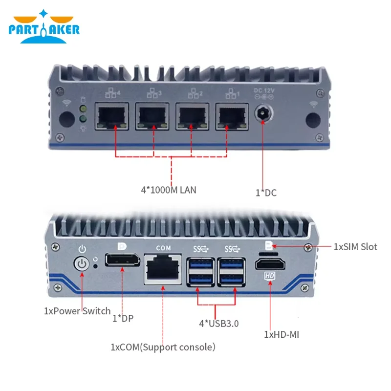 جهاز توجيه ناعم بدون مروحة J4125 جهاز جدار الحماية الصغير رباعي النواة 4 جهاز توجيه Intel Gigabit Mini PC DP HD فتحة SIM VPN pfSense جدار الحماية